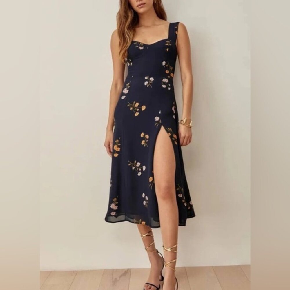 Reformation Navy Floral Midi Dress